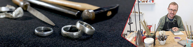 Image of pewter rings samples and Nash Quinn in his metals studio at HCCC